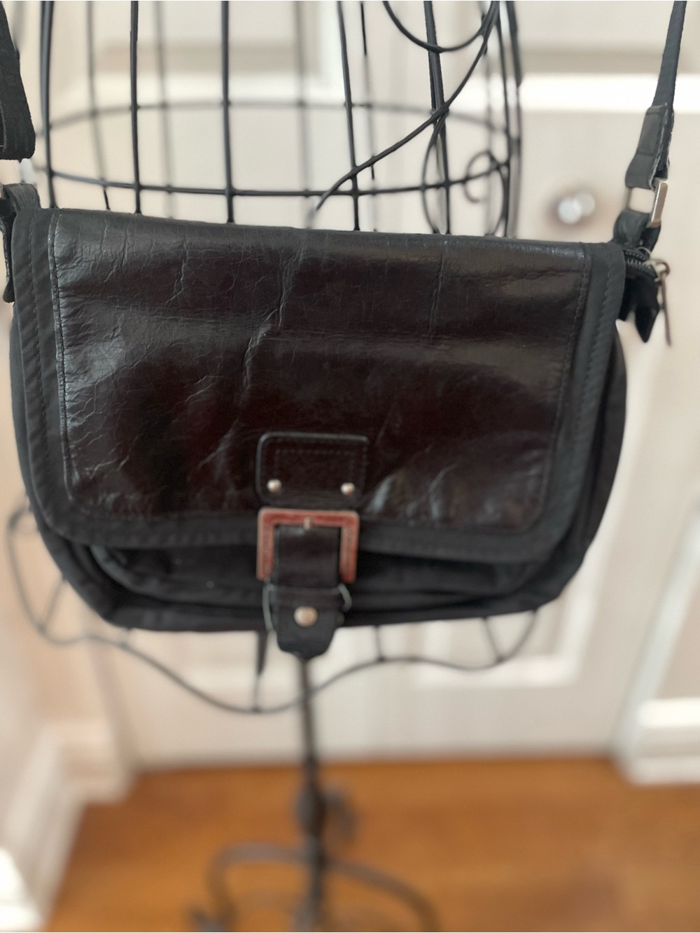 Lancaster Black Leather and nylon Crossbody Bag with Buckle Detail